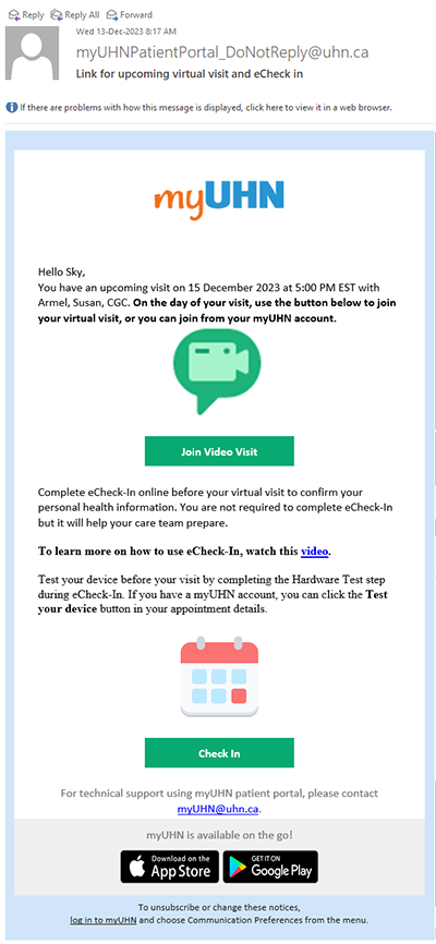 screenshot of email link